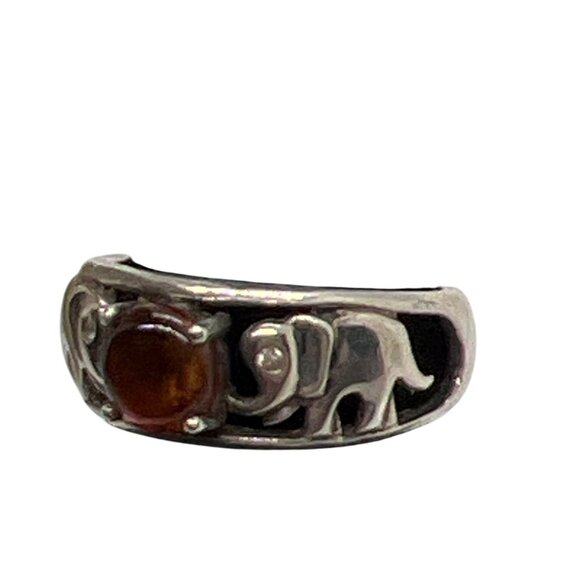 Vintage Sterling Silver Amber Elephant Ring Trunk Up Good Luck - Picture 2 of 4